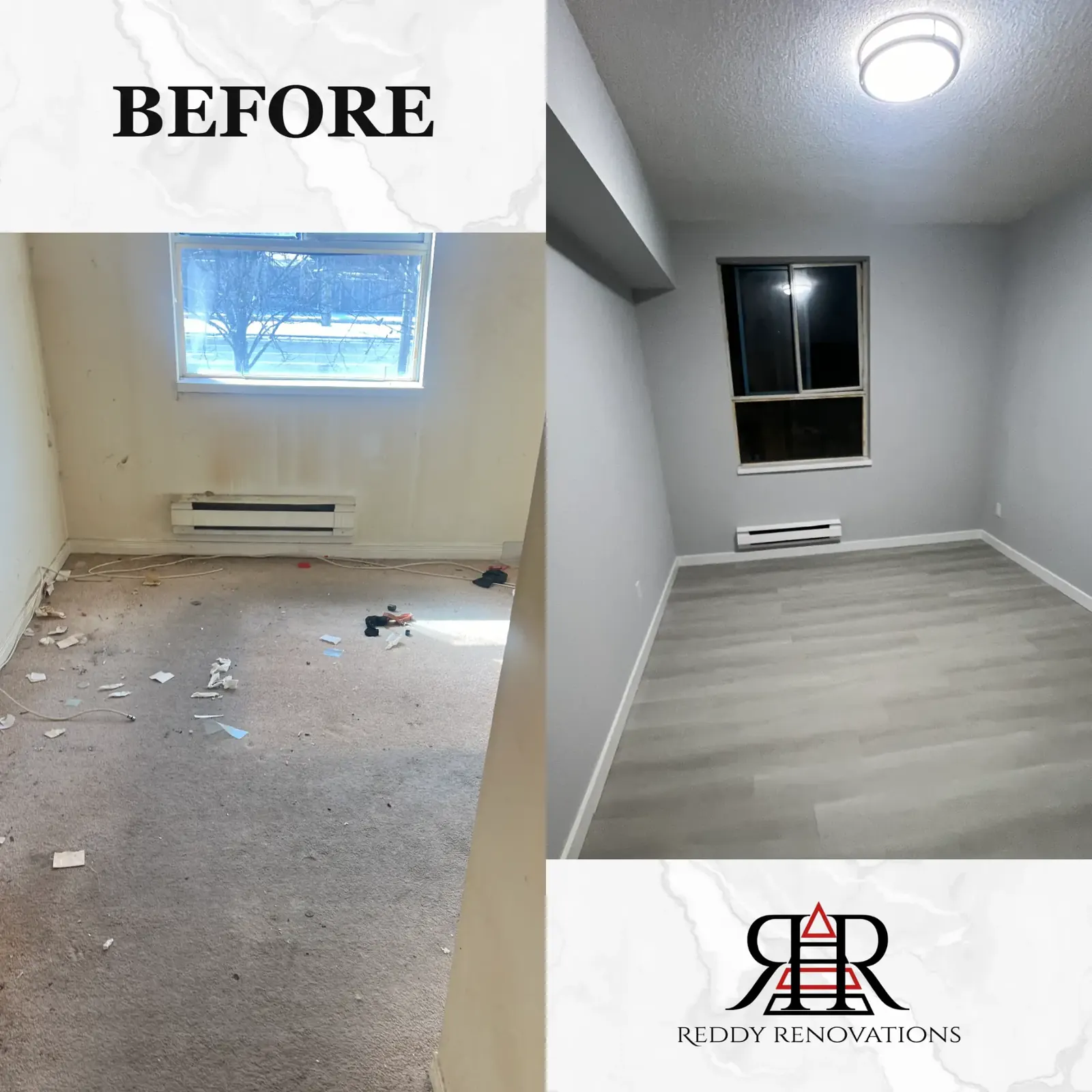 Before and after flooring project by Reddy Renovations in the Greater Toronto Area — Bedroom — full refresh with vinyl plank flooring