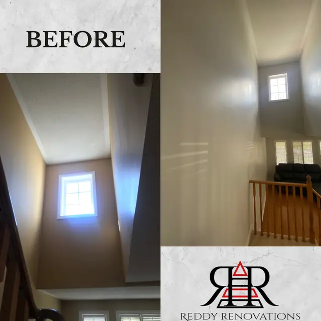 Before and after — Hallway and stairwell — fresh paint and brightened trim