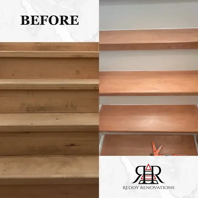 Before and after — Staircase — refinished hardwood treads