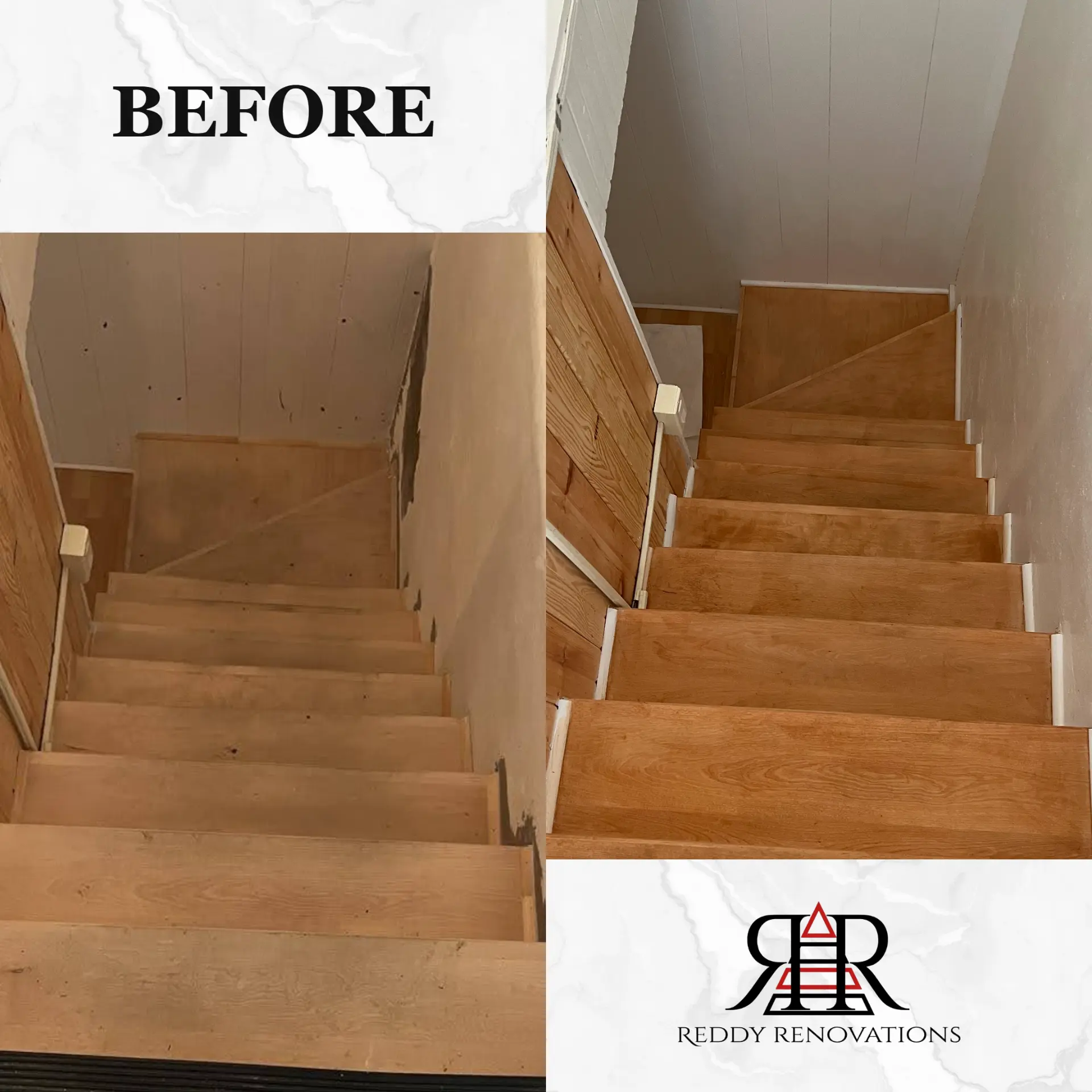 Rebuilt staircase with solid treads, painted risers and a new railing
