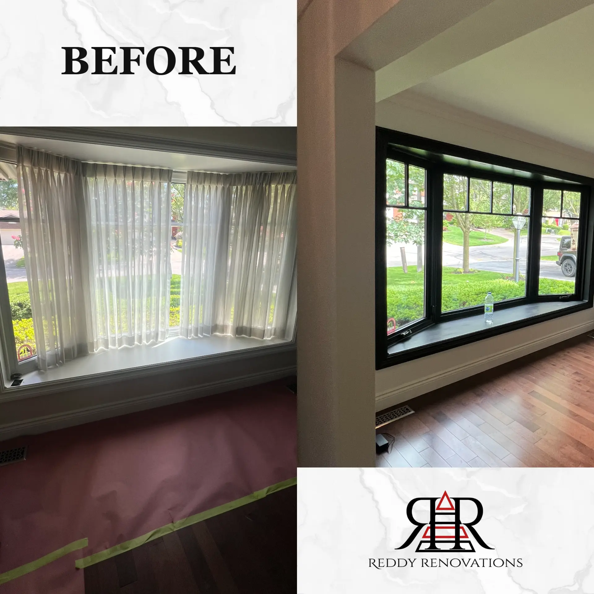 Bay window frames refinished in deep black by Reddy Renovations