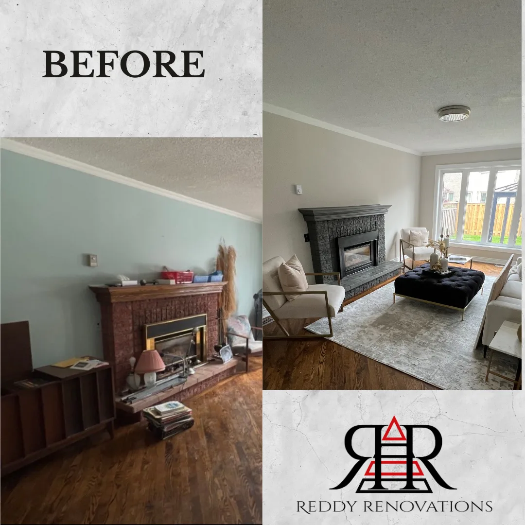 Before and after interior project by Reddy Renovations in the Greater Toronto Area — Living room — fireplace refinish and full repaint