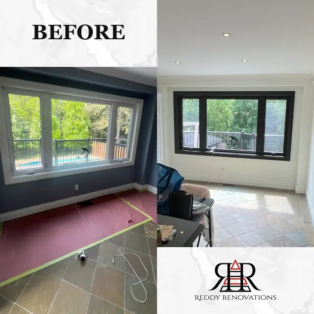 Before and after — Living space — trim, crown moulding and window refinish