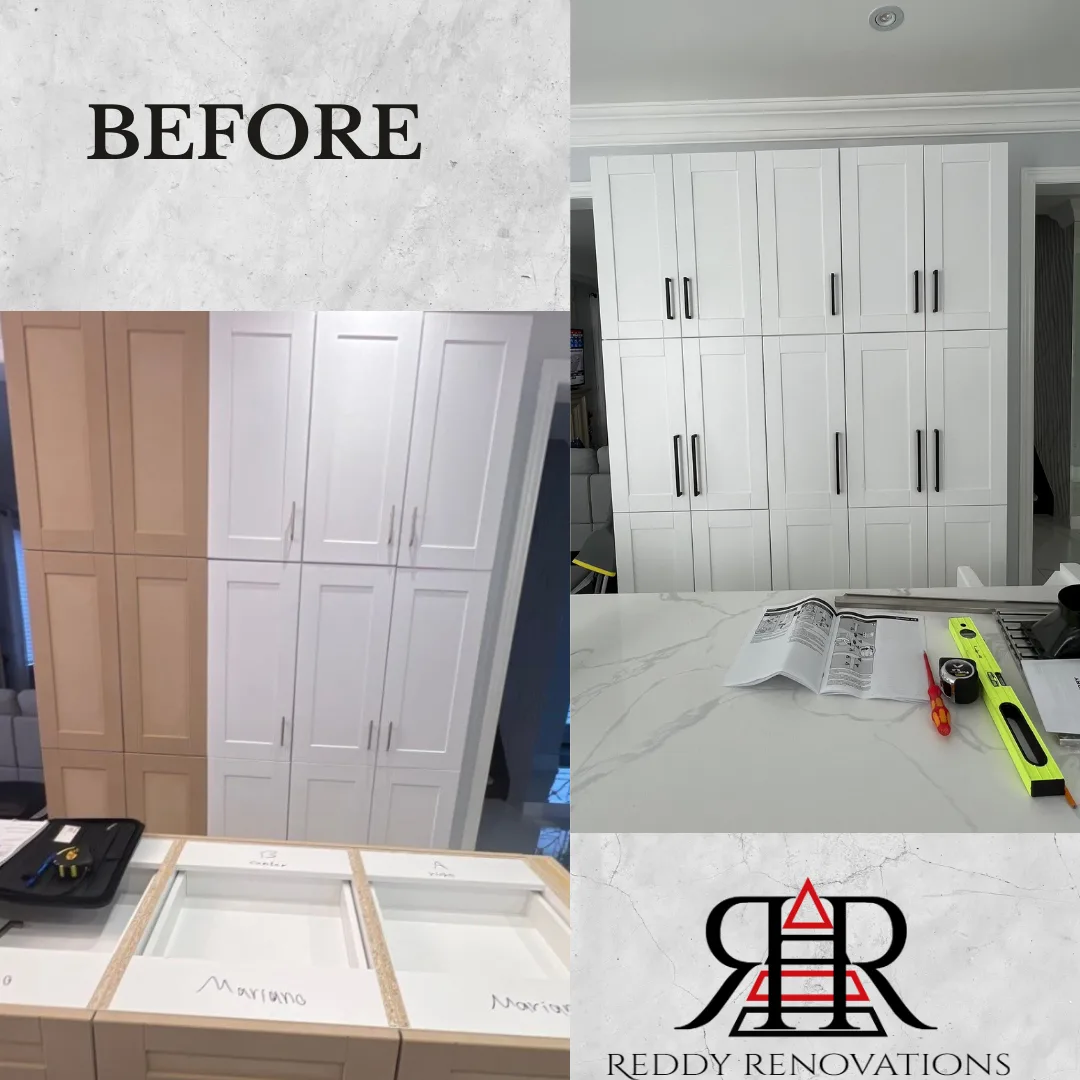 Before and after interior project by Reddy Renovations in the Greater Toronto Area — Kitchen — pantry cabinetry install and quartz counters