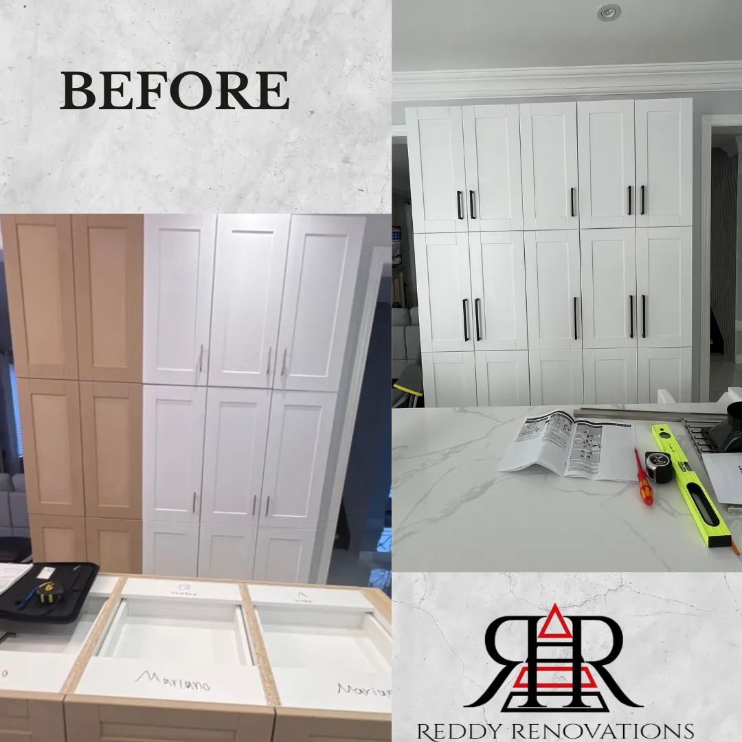 Before and after interior project by Reddy Renovations in the Greater Toronto Area — Kitchen — custom white built-in cabinetry and storage