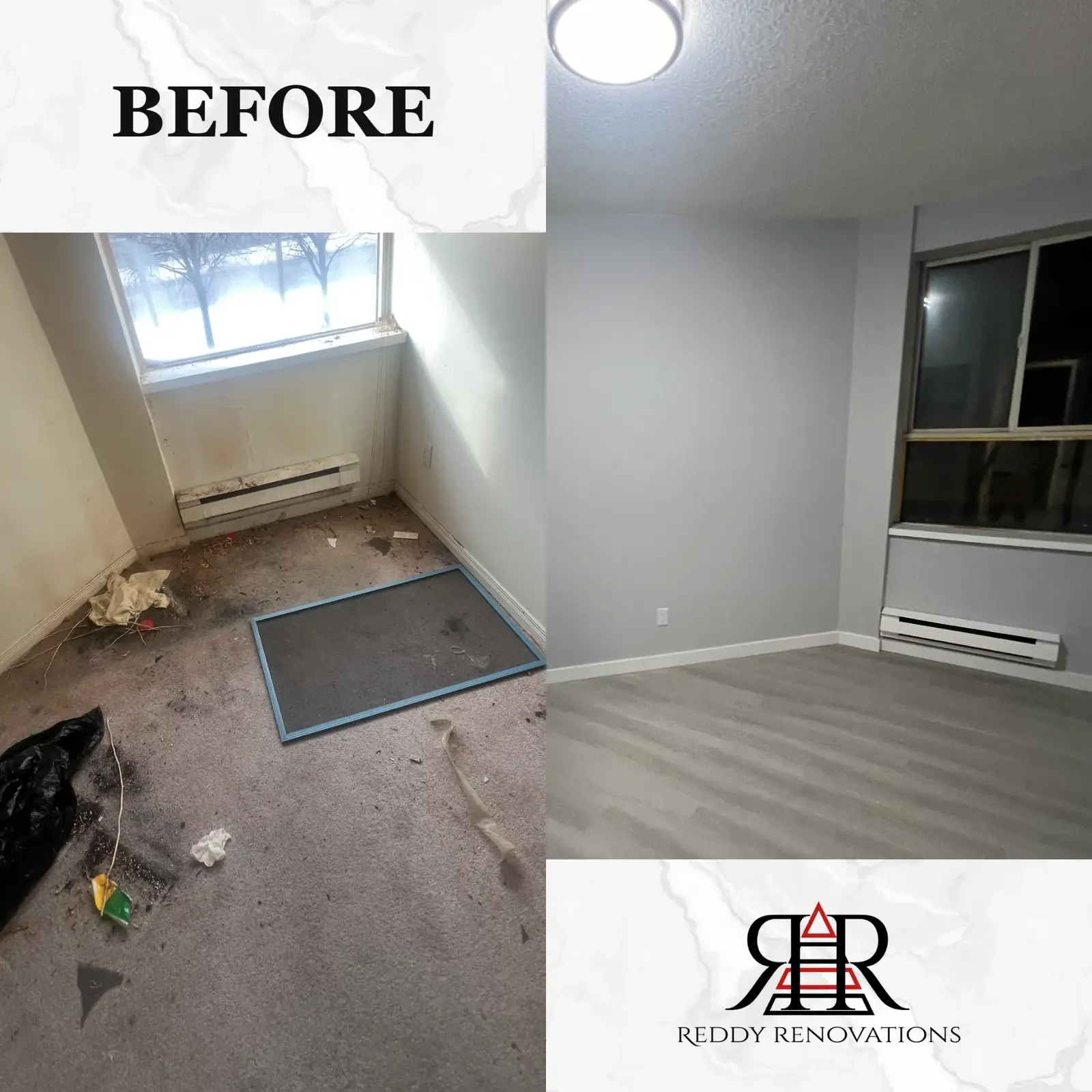 Before and after interior project by Reddy Renovations in the Greater Toronto Area — Bedroom — paint, trim and new flooring