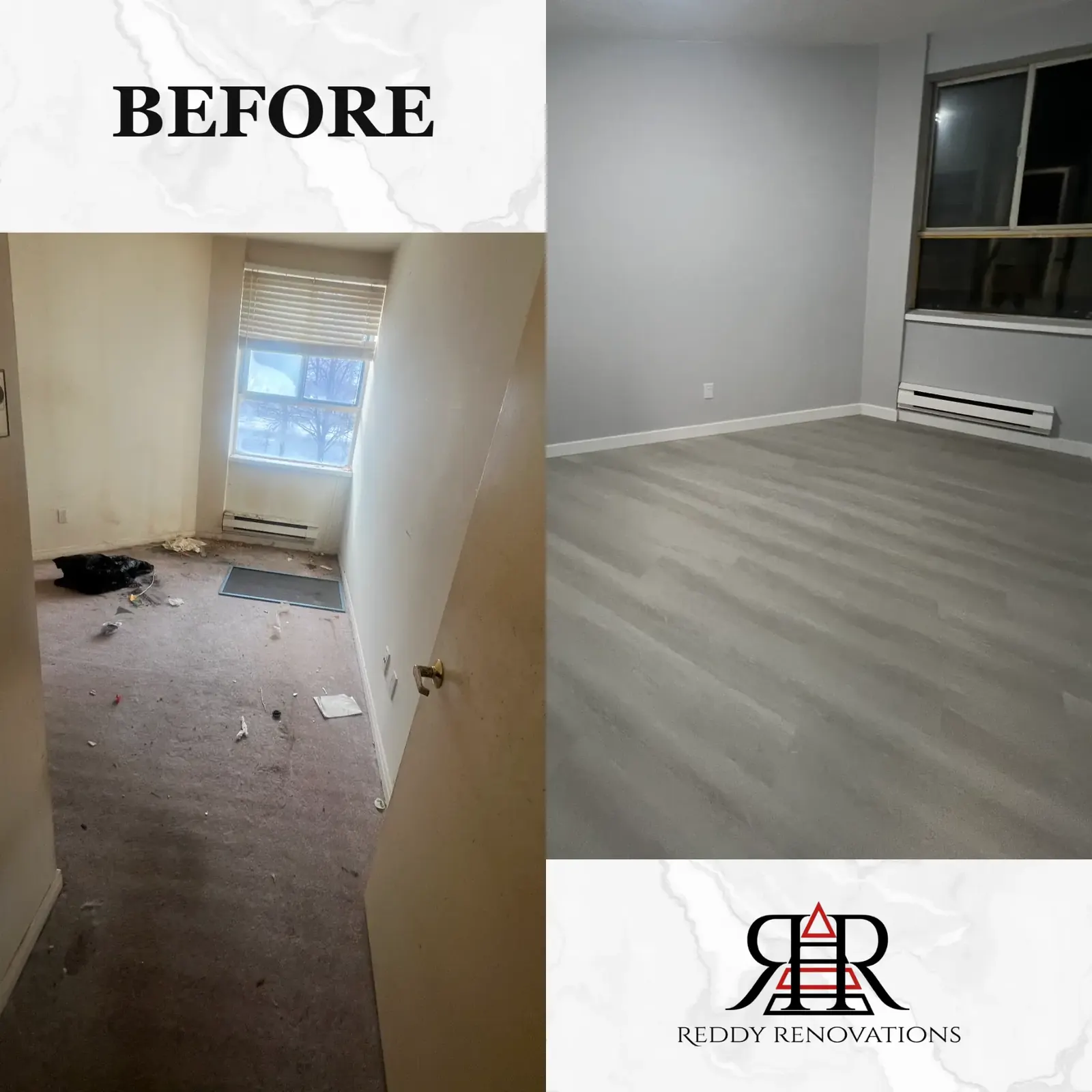 Before and after flooring project by Reddy Renovations in the Greater Toronto Area — Bedroom — carpet removal, fresh paint and new floors