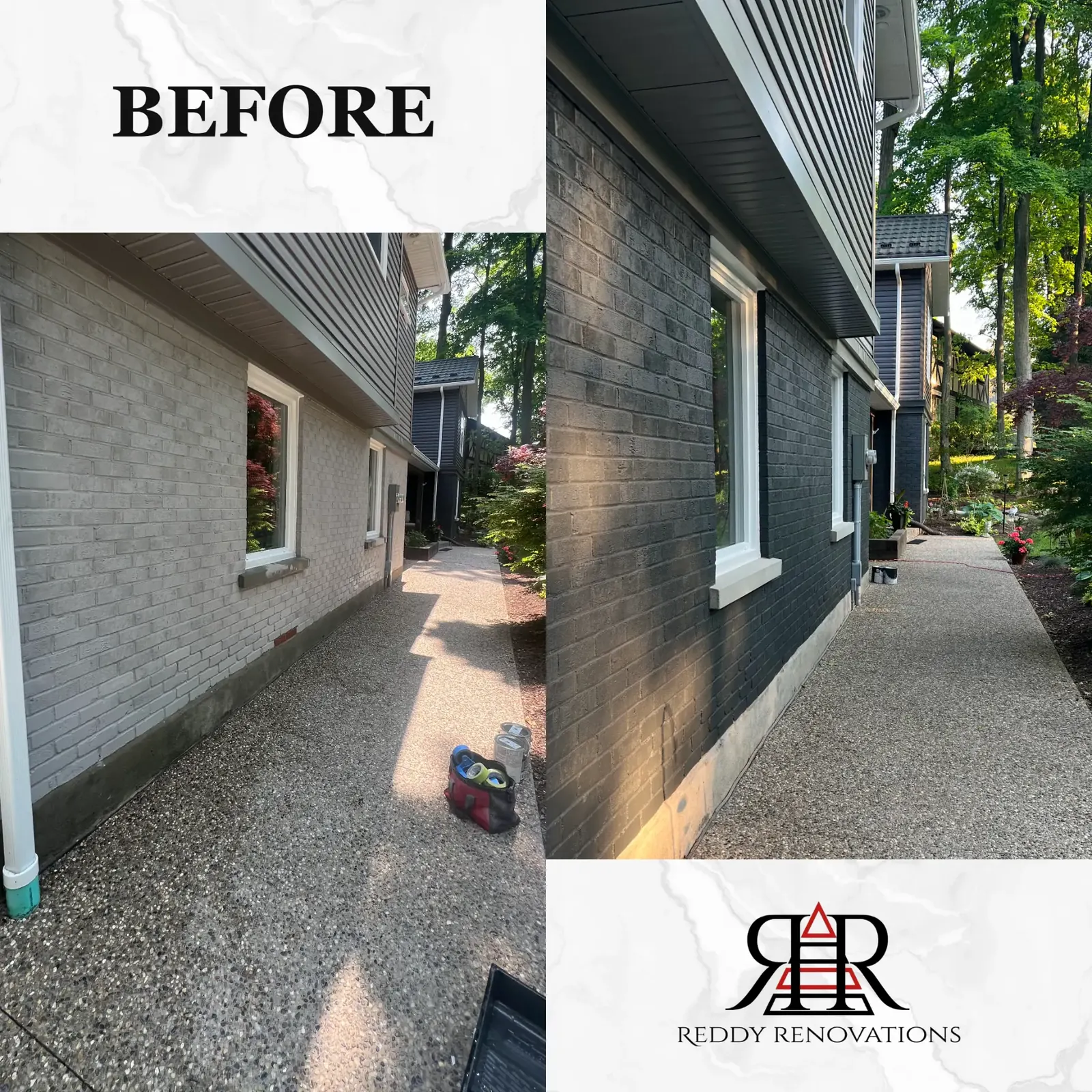 Before and after exterior project by Reddy Renovations in the Greater Toronto Area — Exterior — brick repaint and trim work