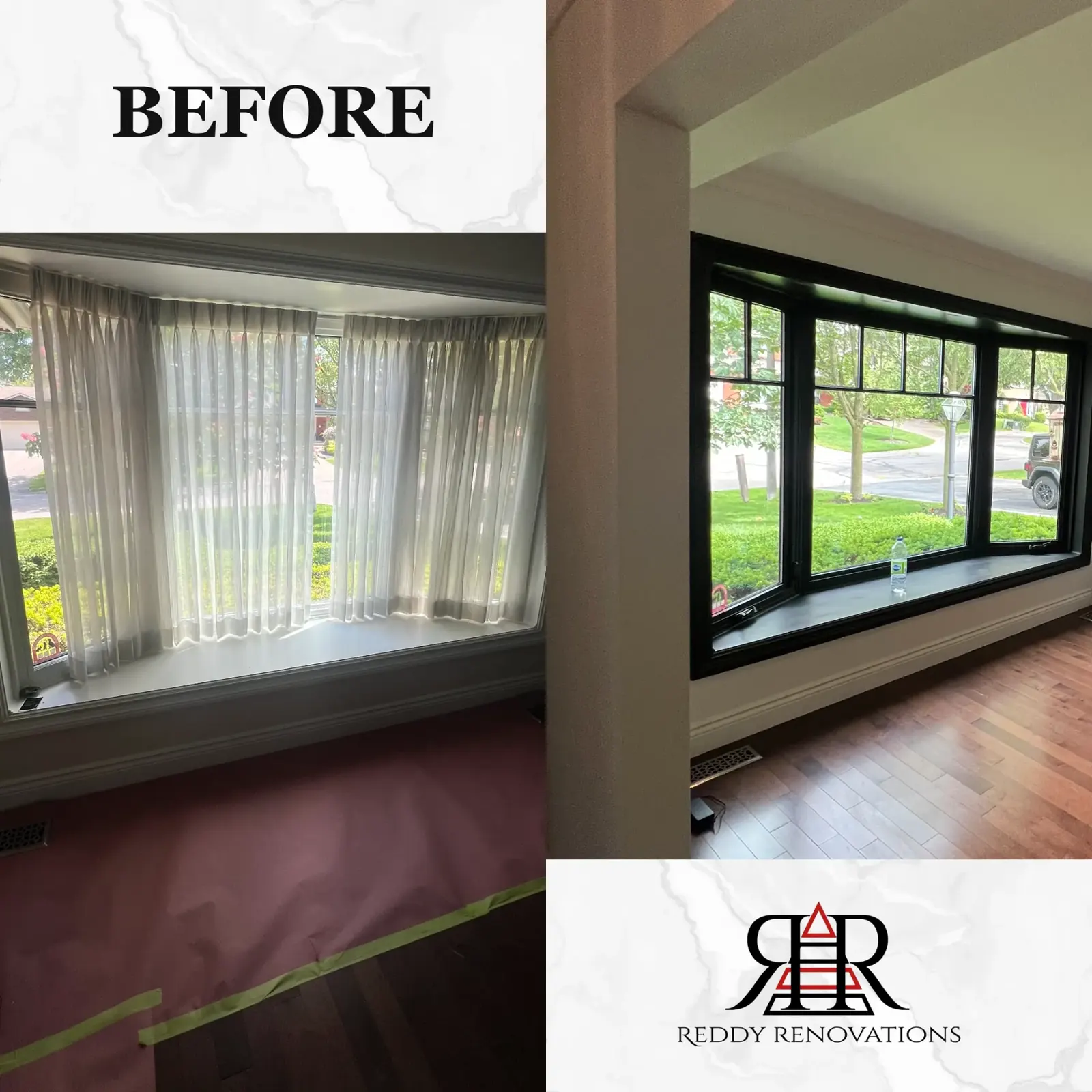 Before and after painting project by Reddy Renovations in the Greater Toronto Area — Bay window — black frame refinish