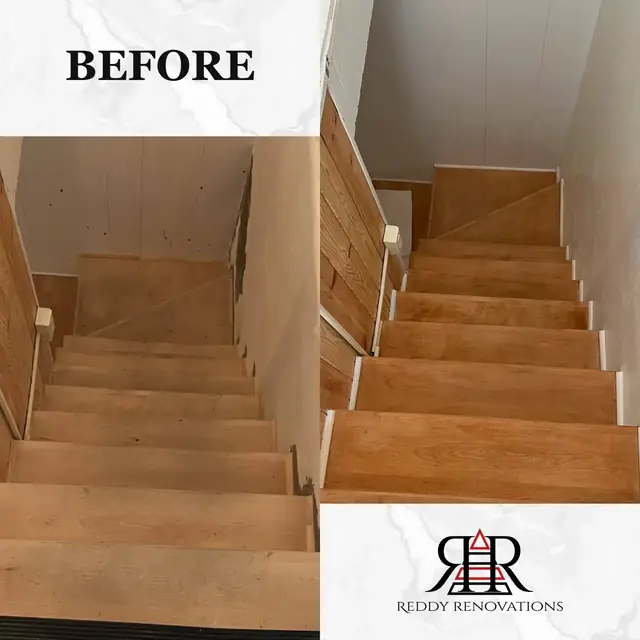 Before and after — Staircase — new treads, risers and railing