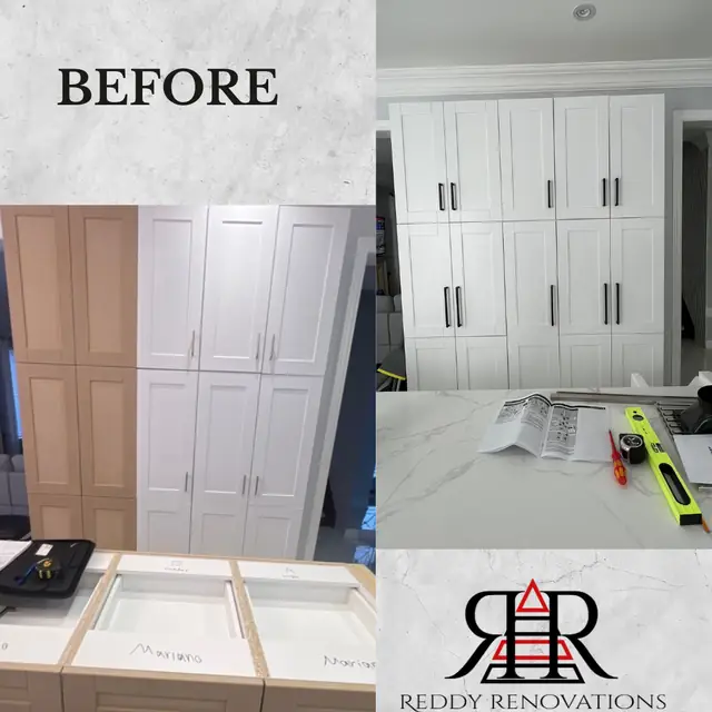 Before and after — Kitchen — custom white built-in cabinetry and storage